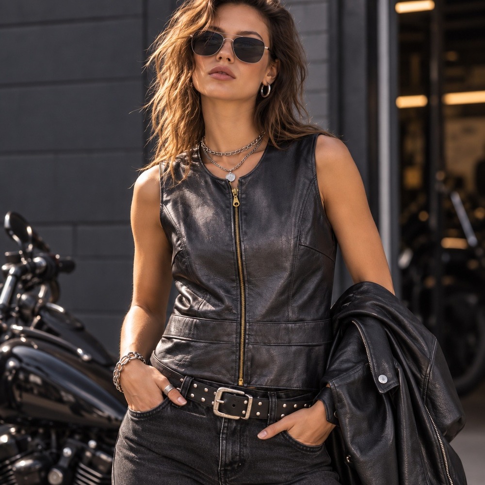 VTG Rem Garson Leather Vest Women L Black Made in Italy Biker Moto Edgy Chic